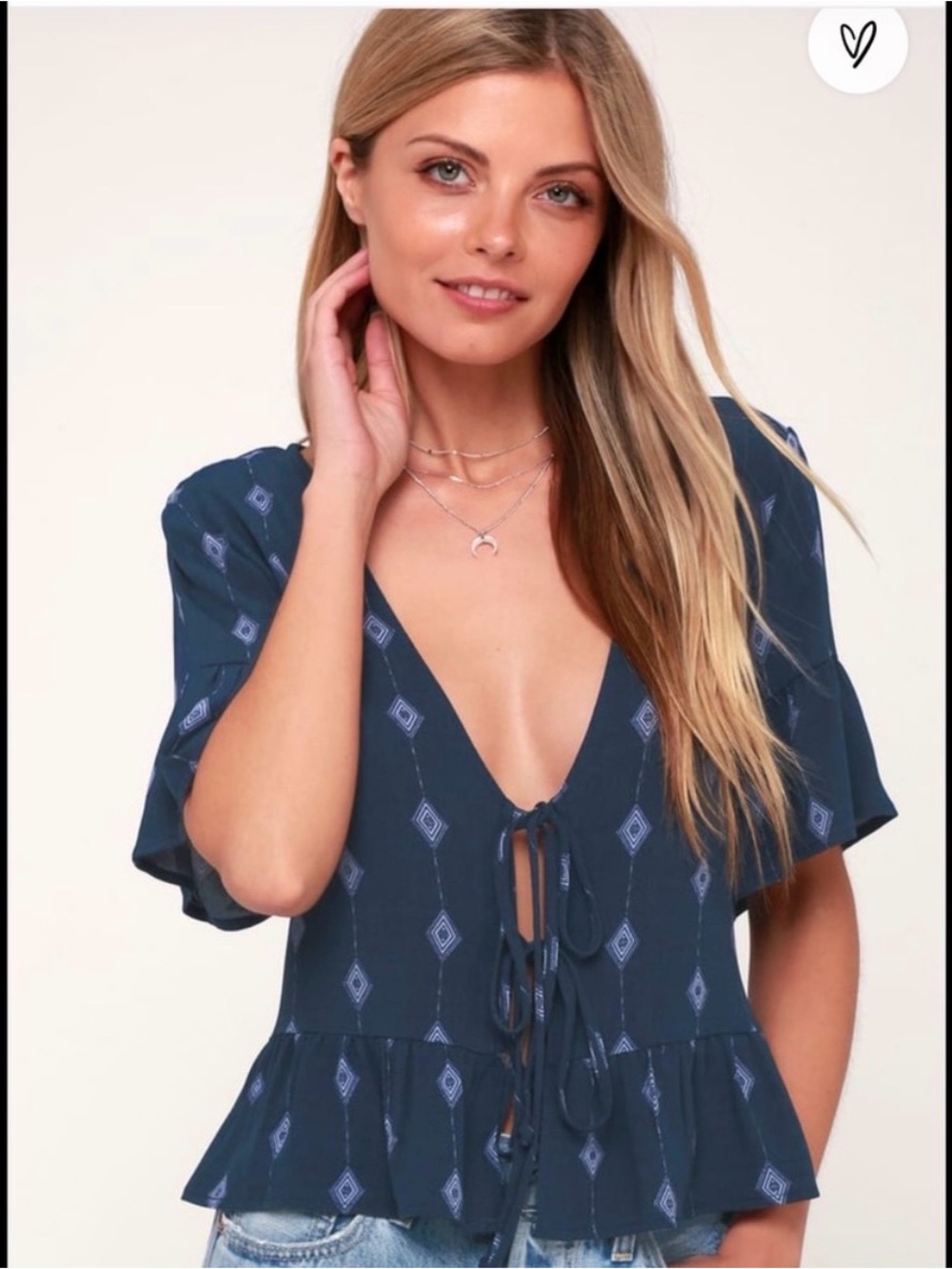 Lulus Breah Navy Blue Print Tie-Front Crop Top